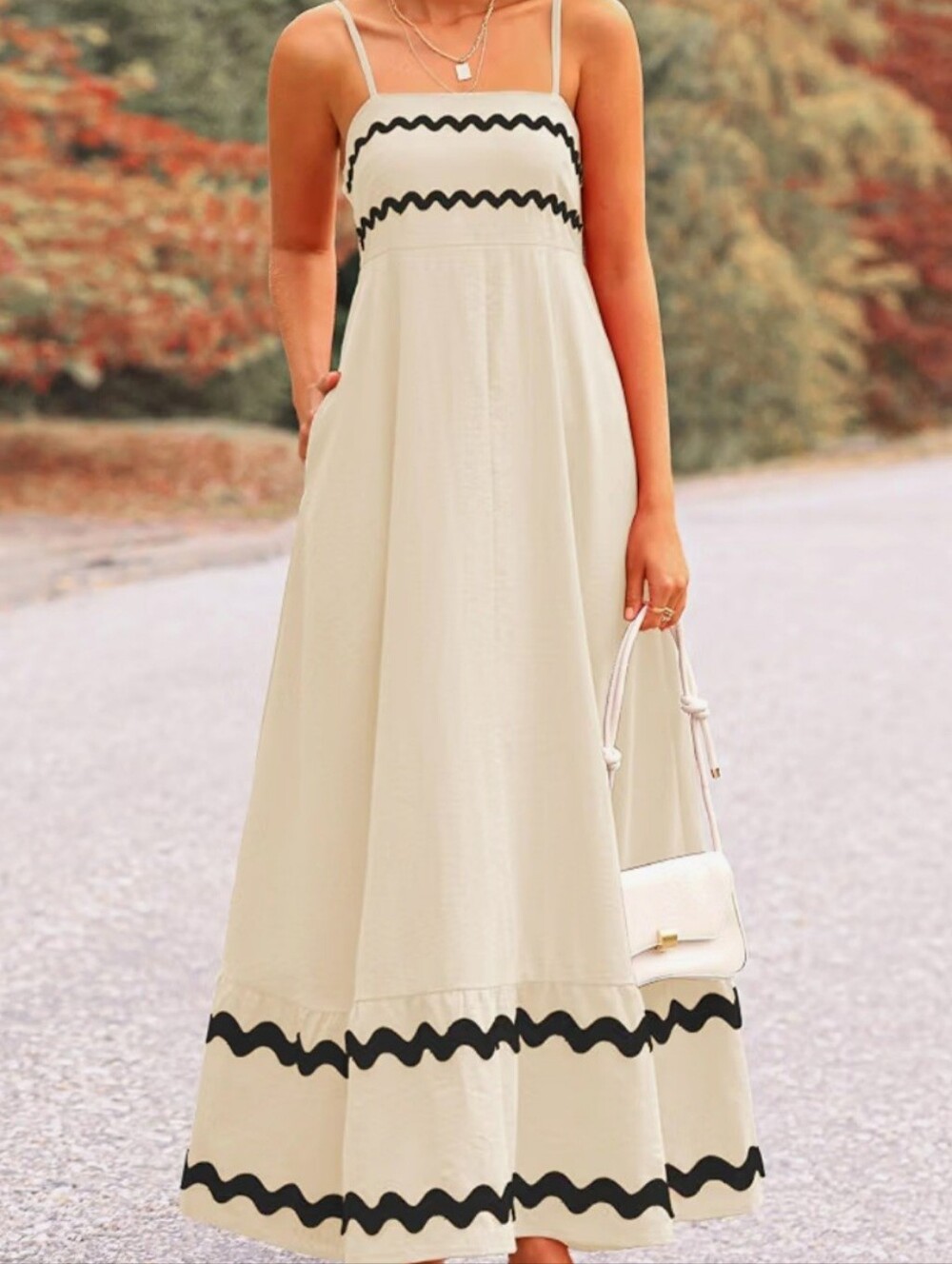 NWT PrettyGarden Light Beige Black Trim Maxi Dress M
